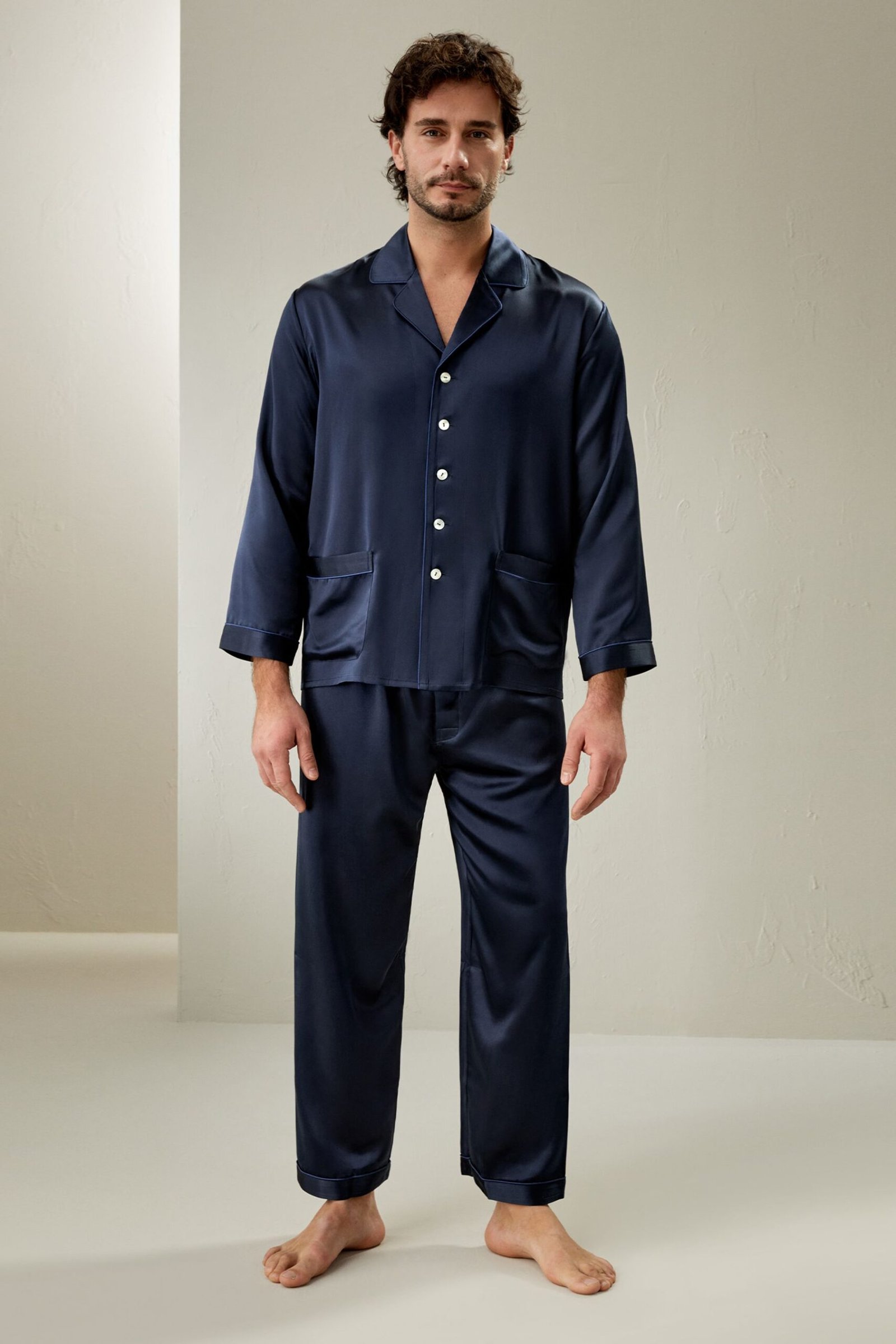 1 (3) Men Navy Silk Pajamas Set - Image 1