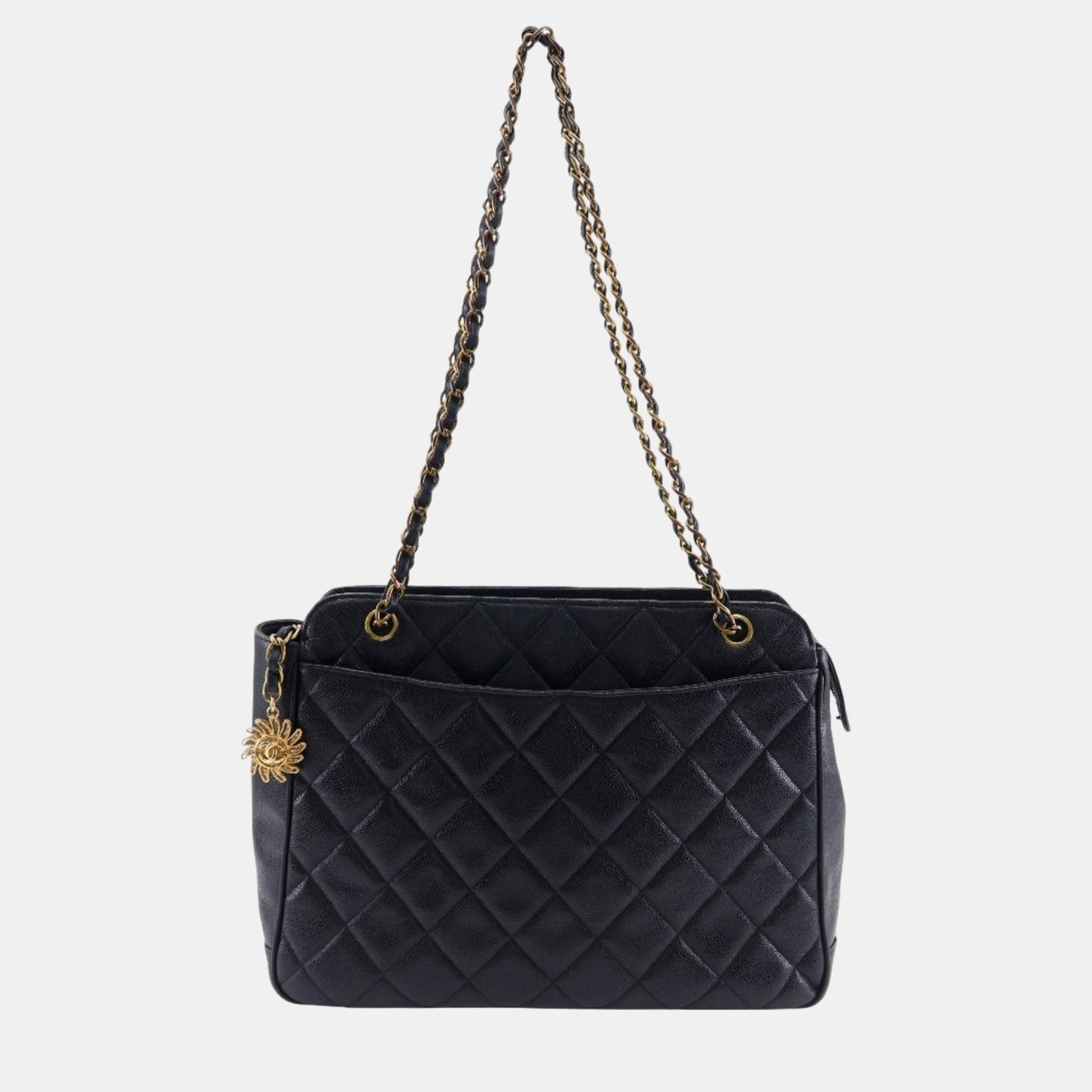 luxury-women-chanel-used-handbags-p1015175-009 Chanel Black Caviar Leather Quilted Chain Shoulder Bag - Image 1