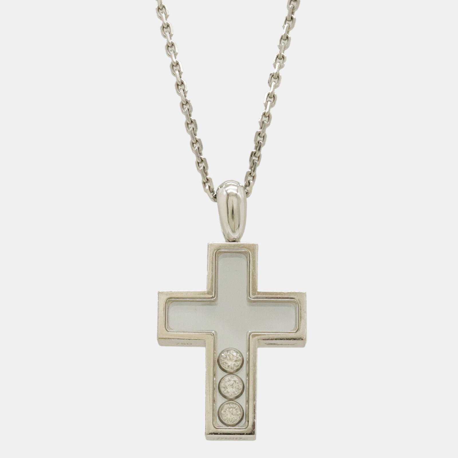 luxury-women-chopard-used-fine-jewelry-p1086810-007 Chopard 18K White Gold and Diamond Happy Diamonds Cross Pendant Necklace - Image 1