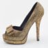 Fendi Metallic Gold Brocade Fabric Deco Peep Toe Bow Platform Pumps Size 37.5