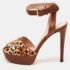 Stuart Weitzman Brown Leather and Leopard Print Pony Hair Platform Ankle Strap Sandals Size 38.5